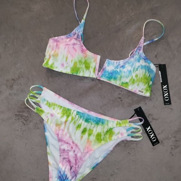 🆕XOXO | Neon Tie Dyed 2 piece Bikini Swimsuit Women's Size Large - Picture 1 of 13